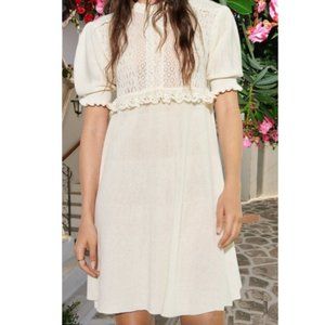 ZARA COTTON ECRU BALLOON SLEEVES KNEE MIXED POINTELLE LACE KNIT ROMANTIC DRESS M